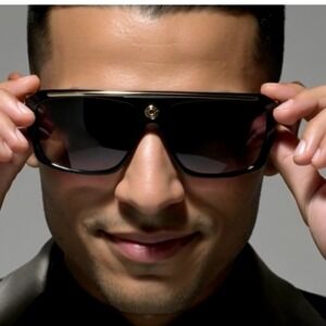 Square Men Sunglasses Flat Top Shield Gold Accents UV400‎ Protection Hip Hop New